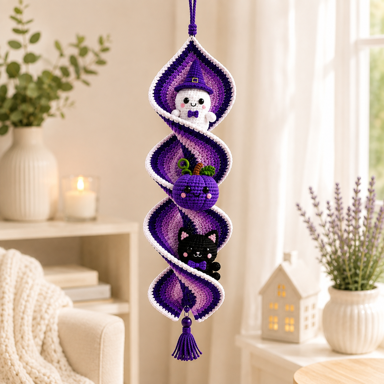 Halloween Crochet Spiral Wind Spinner Pattern PDF, Ghost Pumpkin Cat Amigurumi Spooky Hanging Decor Tutorial