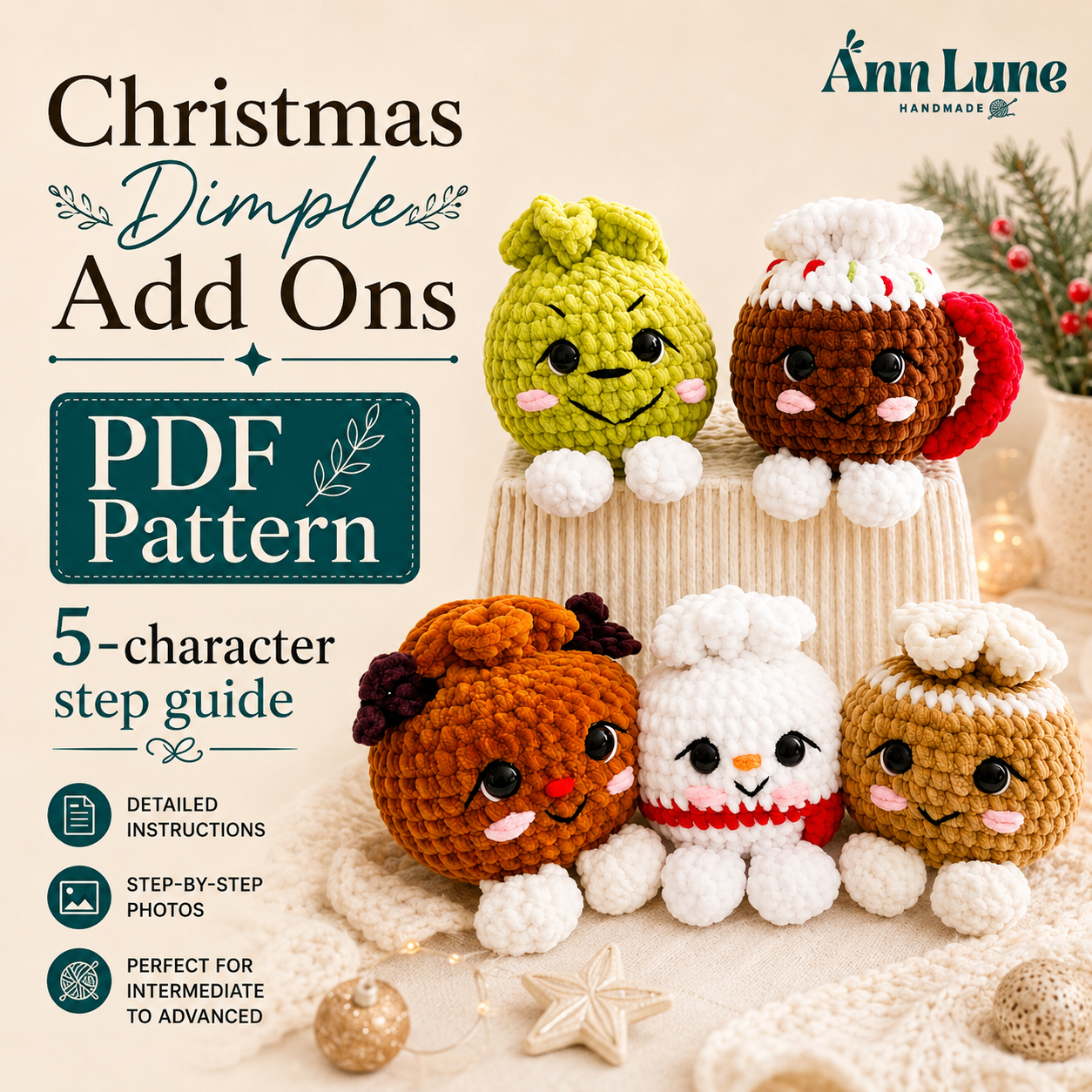 Christmas Dimple Add Ons , Crochet Pattern , Christmas Dimple Modifications , Digital PDF , Festive Amigurumi , Kawaii Plush