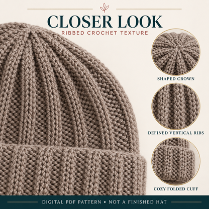 Crochet Beanie Pattern Beginner, Ribbed Hat Crochet Pattern PDF, Easy Winter Beanie DIY, Handmade Gift Crochet Hat, Stretchable Beanie