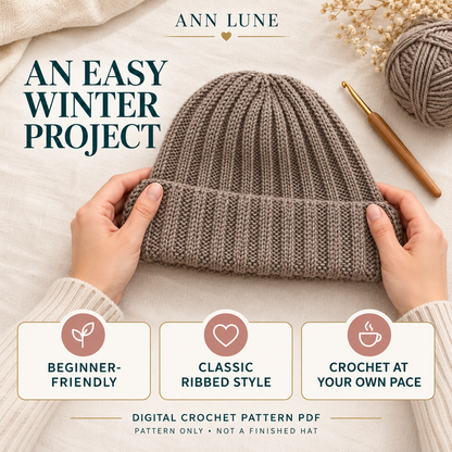 Crochet Beanie Pattern Beginner, Ribbed Hat Crochet Pattern PDF, Easy Winter Beanie DIY, Handmade Gift Crochet Hat, Stretchable Beanie