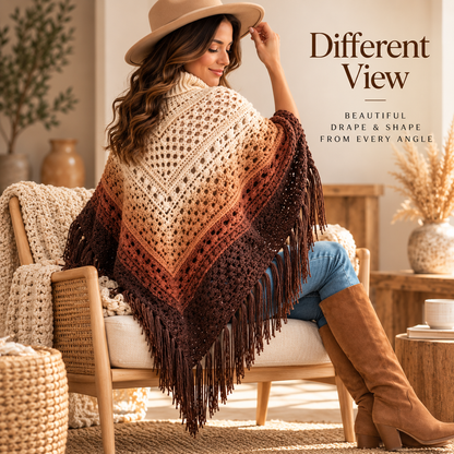 Ombre Fringe Poncho Crochet Pattern – Turtleneck Lace Poncho PDF Pattern