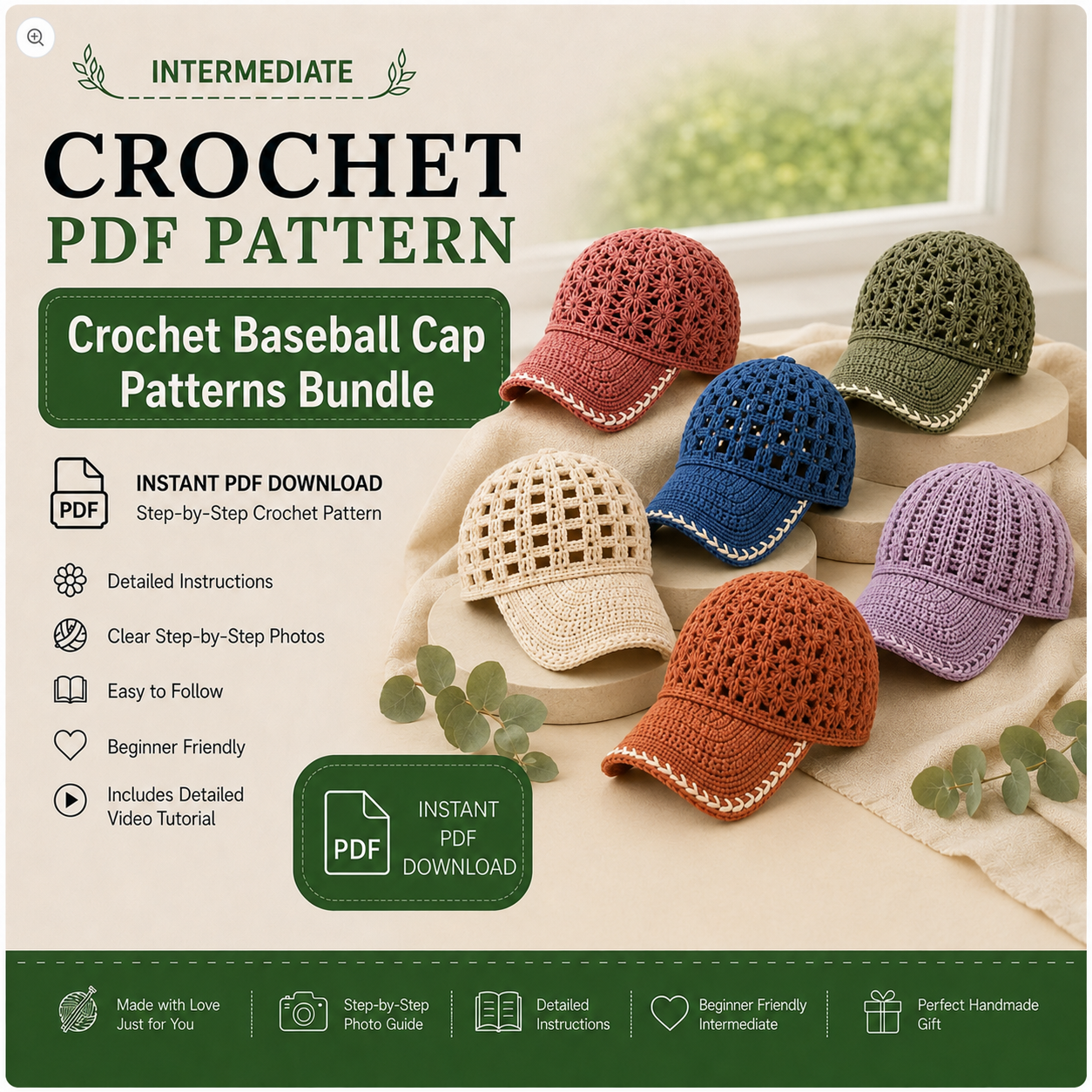 Crochet Baseball Cap Pattern Bundle PDF, 12 Lace Summer Hat Patterns, Mesh Crochet Cap Tutorial, Instant Download