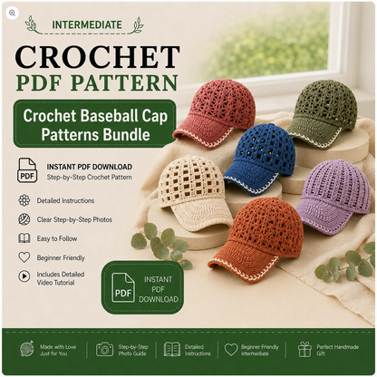 Crochet Baseball Cap Pattern Bundle PDF, 12 Lace Summer Hat Patterns, Mesh Crochet Cap Tutorial, Instant Download