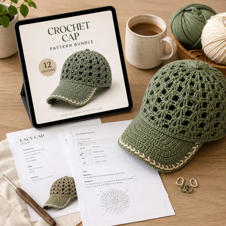 Crochet Baseball Cap Pattern Bundle PDF, 12 Lace Summer Hat Patterns, Mesh Crochet Cap Tutorial, Instant Download