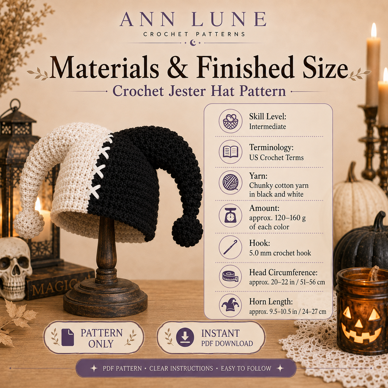Black & White Jester Hat Crochet Pattern PDF – Halloween Costume Hat, Cosplay Crochet Pattern
