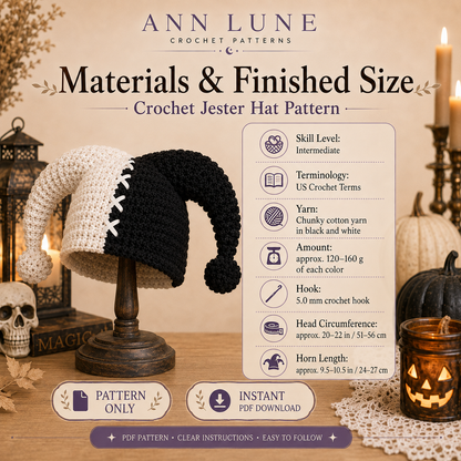 Black & White Jester Hat Crochet Pattern PDF – Halloween Costume Hat, Cosplay Crochet Pattern