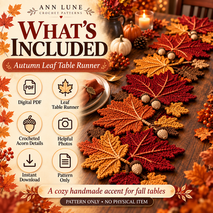 Autumn Maple Leaf & Acorn Table Runner Crochet Pattern PDF – Fall Thanksgiving Decor