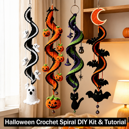 Halloween Crochet Spiral Wind Chime Ornament DIY Kit&Pattern,Ghost Pumpkin Bat Black Cat Hanging Decor,Beginner Friendly Handmade Decor Gift