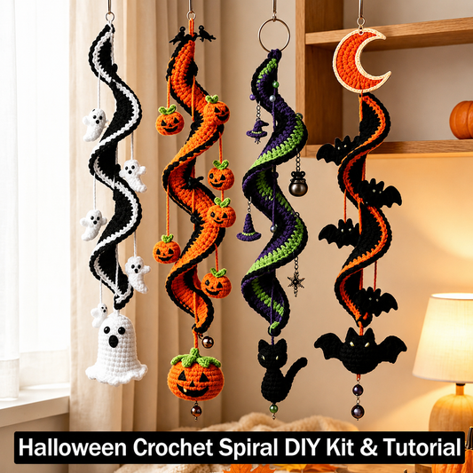 Halloween Crochet Spiral Wind Chime Ornament DIY Kit&Pattern,Ghost Pumpkin Bat Black Cat Hanging Decor,Beginner Friendly Handmade Decor Gift