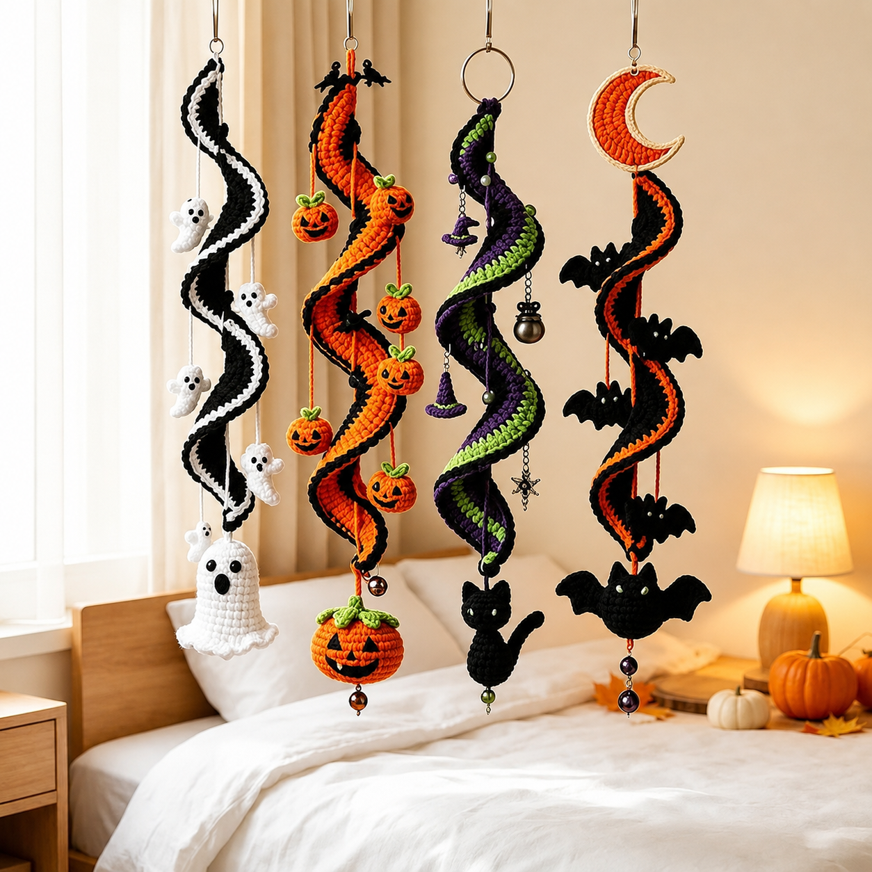 Halloween Crochet Spiral Wind Chime Ornament DIY Kit&Pattern,Ghost Pumpkin Bat Black Cat Hanging Decor,Beginner Friendly Handmade Decor Gift