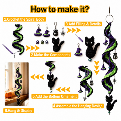 Halloween Crochet Spiral Wind Chime Ornament DIY Kit&Pattern,Ghost Pumpkin Bat Black Cat Hanging Decor,Beginner Friendly Handmade Decor Gift
