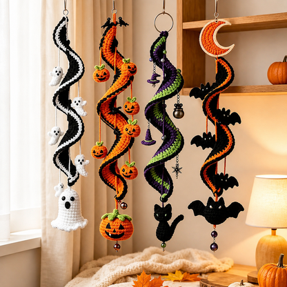 Halloween Crochet Spiral Wind Chime Ornament DIY Kit&Pattern,Ghost Pumpkin Bat Black Cat Hanging Decor,Beginner Friendly Handmade Decor Gift