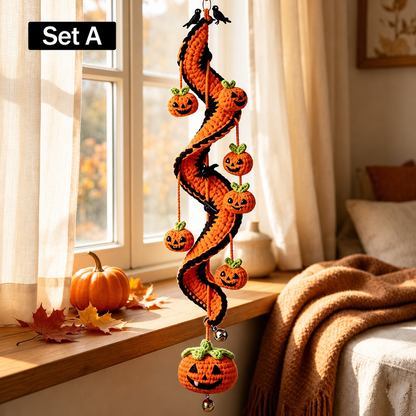 Halloween Crochet Spiral Wind Chime Ornament DIY Kit&Pattern,Ghost Pumpkin Bat Black Cat Hanging Decor,Beginner Friendly Handmade Decor Gift