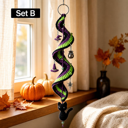 Halloween Crochet Spiral Wind Chime Ornament DIY Kit&Pattern,Ghost Pumpkin Bat Black Cat Hanging Decor,Beginner Friendly Handmade Decor Gift