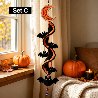 Halloween Crochet Spiral Wind Chime Ornament DIY Kit&Pattern,Ghost Pumpkin Bat Black Cat Hanging Decor,Beginner Friendly Handmade Decor Gift