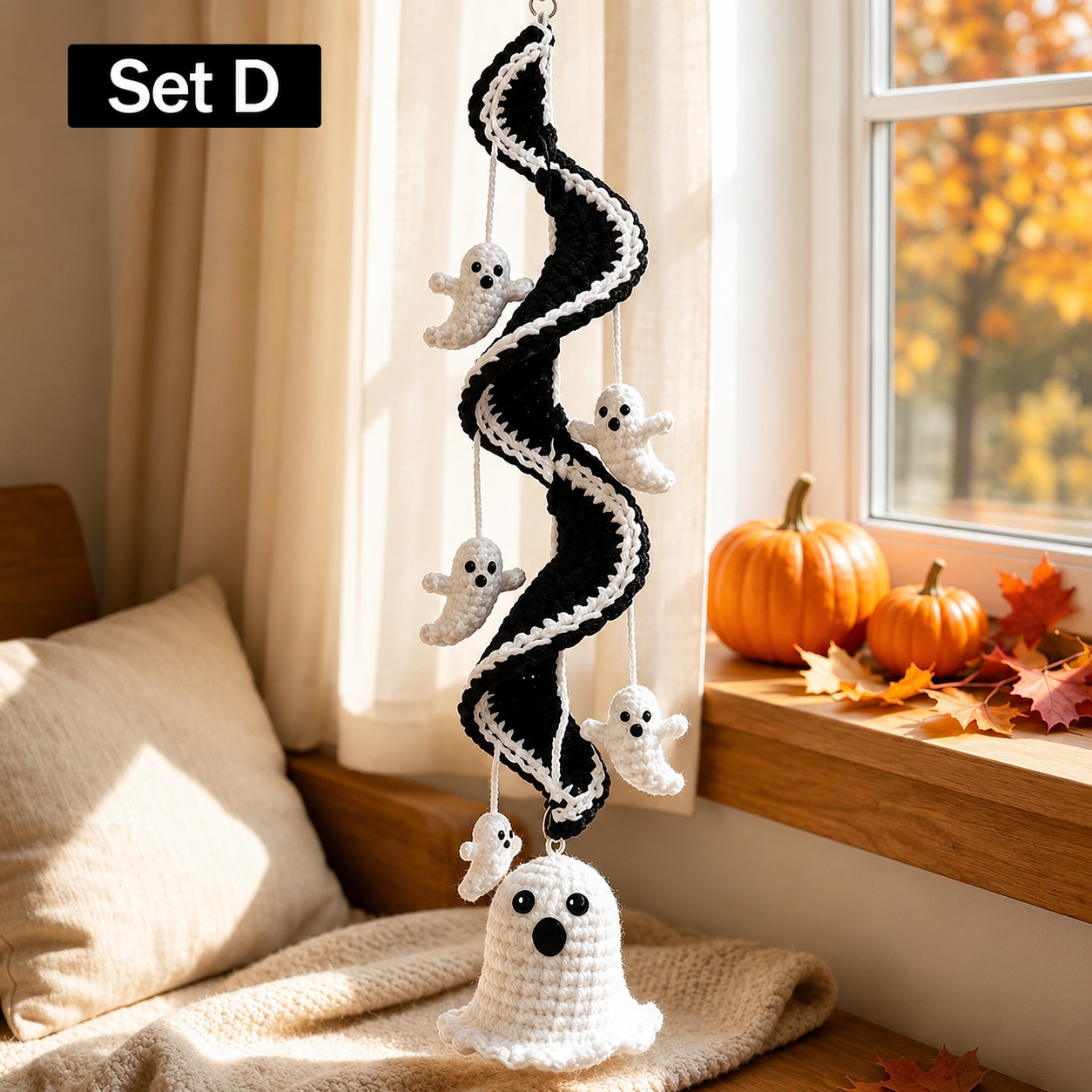 Halloween Crochet Spiral Wind Chime Ornament DIY Kit&Pattern,Ghost Pumpkin Bat Black Cat Hanging Decor,Beginner Friendly Handmade Decor Gift