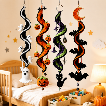 Halloween Crochet Spiral Wind Chime Ornament DIY Kit&Pattern,Ghost Pumpkin Bat Black Cat Hanging Decor,Beginner Friendly Handmade Decor Gift