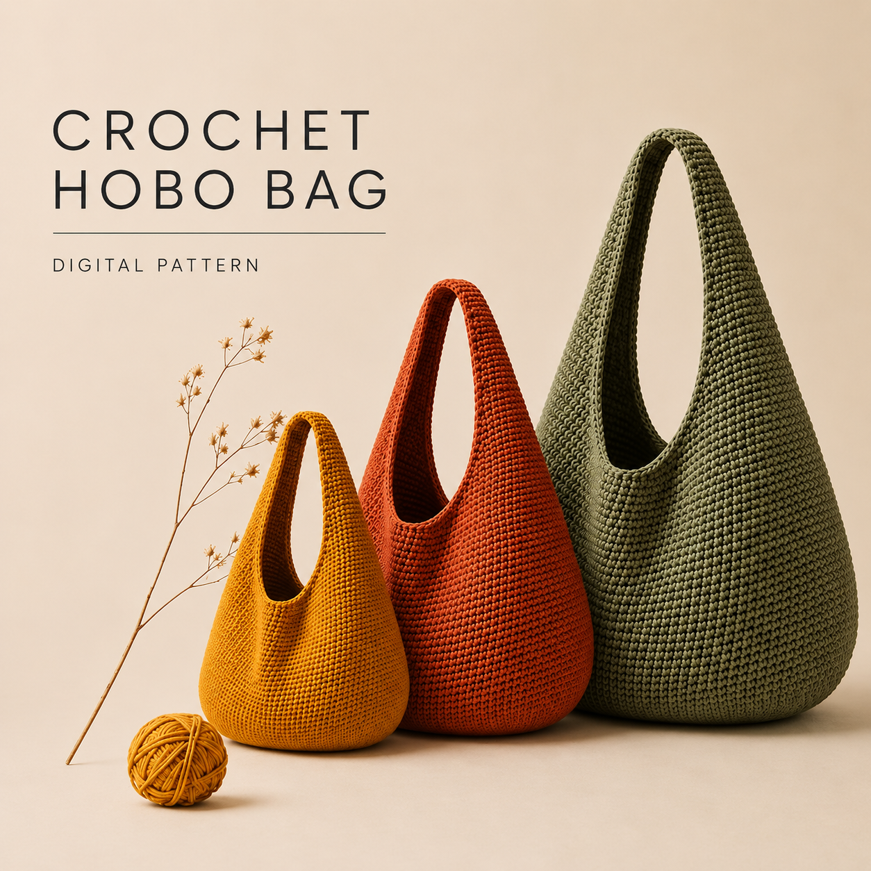 Crochet Hobo Bag Pattern PDF, Slouchy Shoulder Purse, Small Medium Oversize Tote, Easy Bag Tutorial, Digital Download