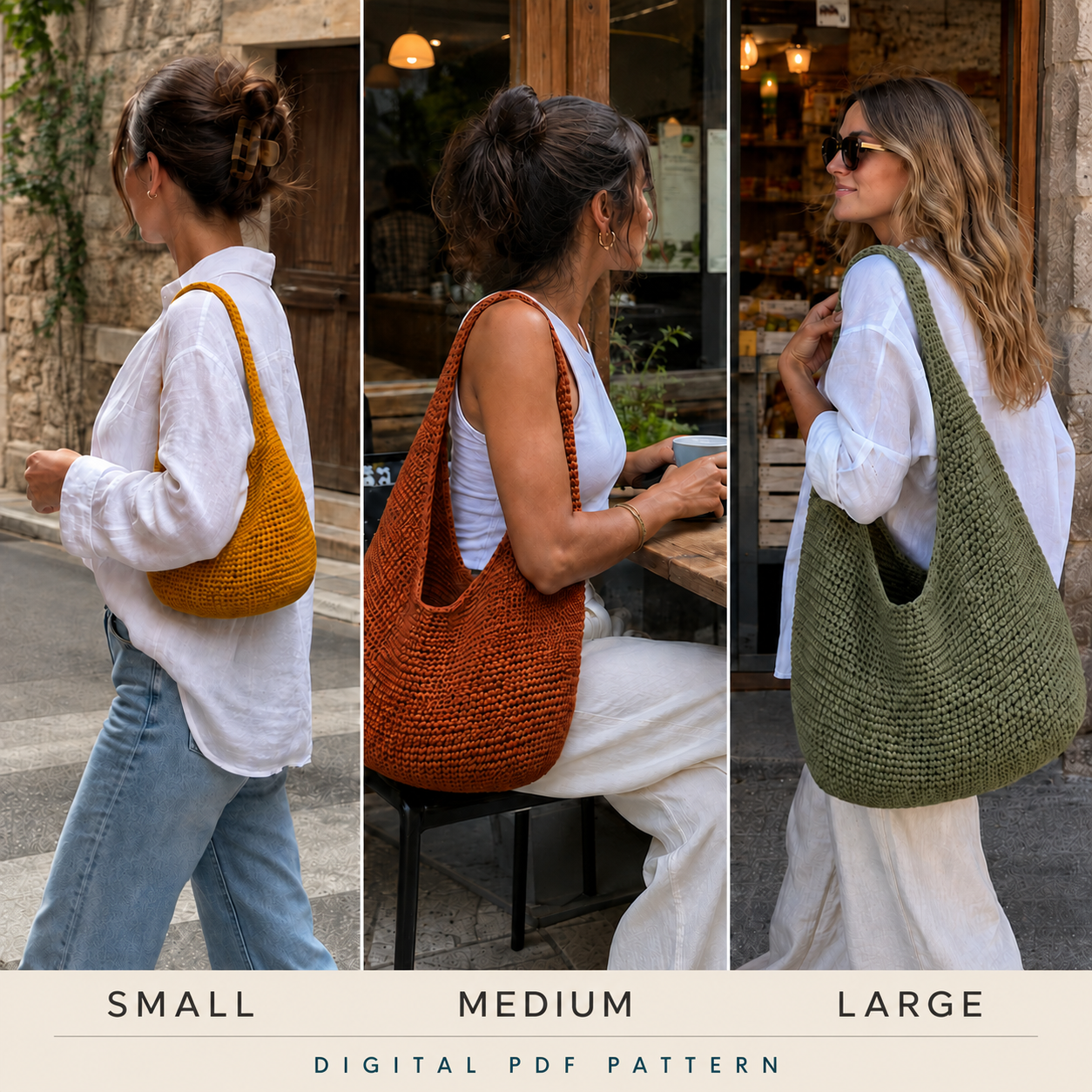 Crochet Hobo Bag Pattern PDF, Slouchy Shoulder Purse, Small Medium Oversize Tote, Easy Bag Tutorial, Digital Download