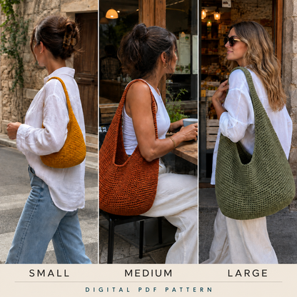 Crochet Hobo Bag Pattern PDF, Slouchy Shoulder Purse, Small Medium Oversize Tote, Easy Bag Tutorial, Digital Download