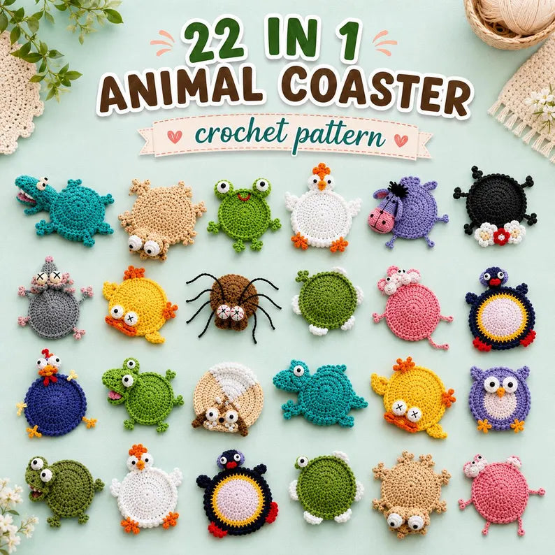 22 Animal Crochet Coaster Patterns PDF, Mug Hugger Bundle with Video Tutorials, Cute Animal Gifts, Digital Download