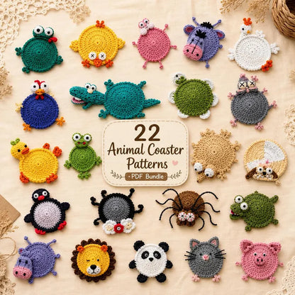 22 Animal Crochet Coaster Patterns PDF, Mug Hugger Bundle with Video Tutorials, Cute Animal Gifts, Digital Download