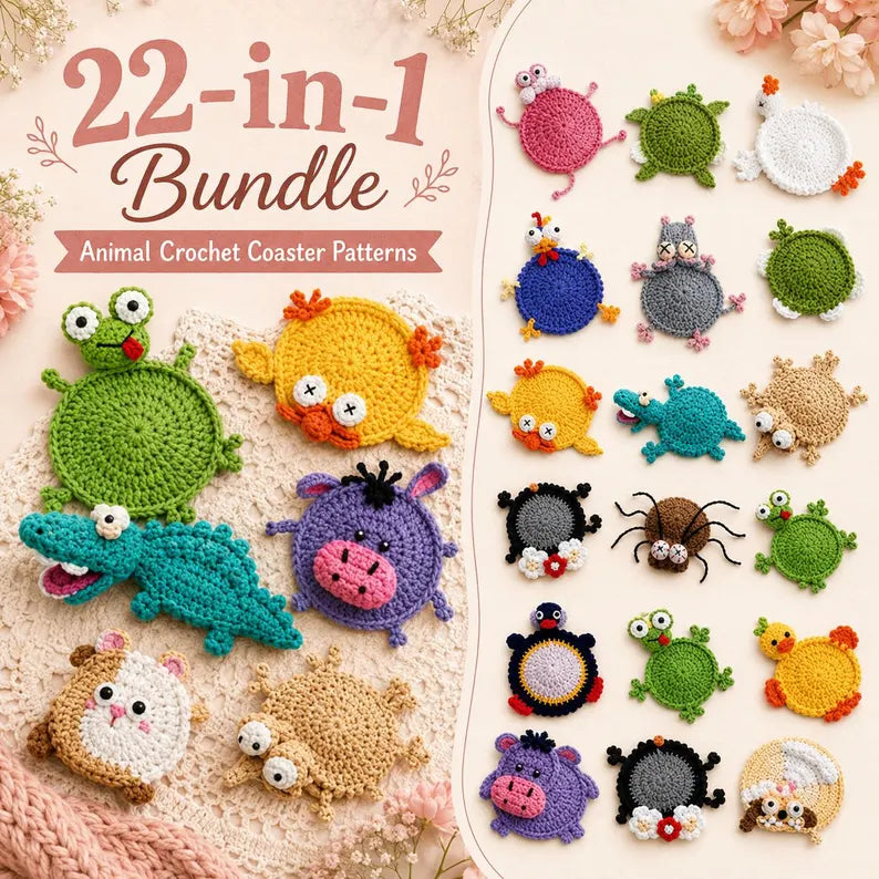 22 Animal Crochet Coaster Patterns PDF, Mug Hugger Bundle with Video Tutorials, Cute Animal Gifts, Digital Download