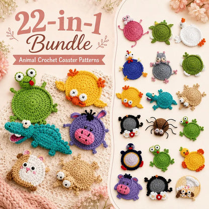 22 Animal Crochet Coaster Patterns PDF, Mug Hugger Bundle with Video Tutorials, Cute Animal Gifts, Digital Download