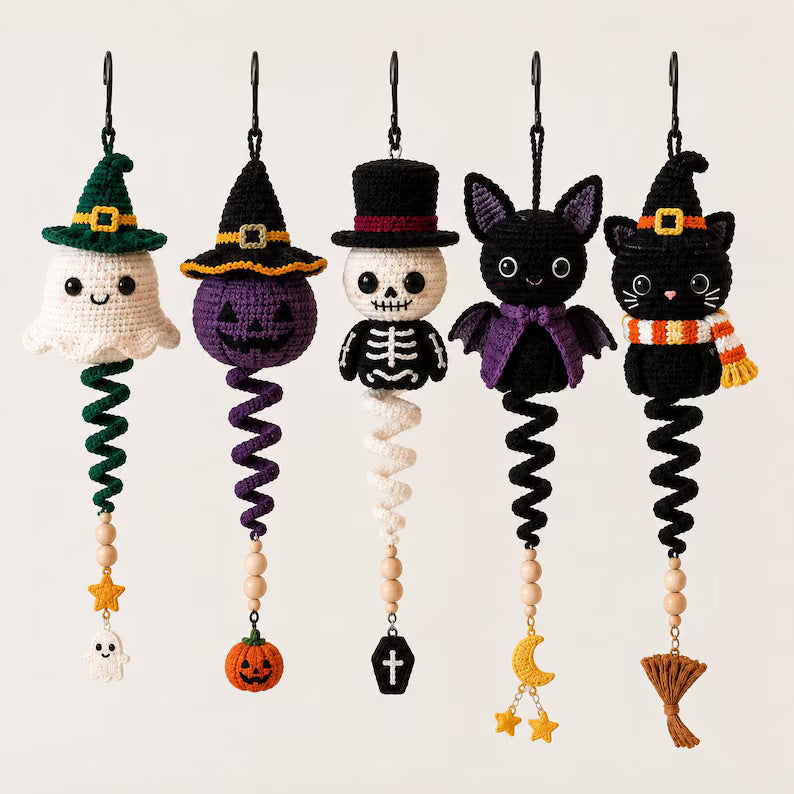 5 in 1 Halloween Spiral Ornament Crochet Pattern PDF | Ghost Witch Pumpkin & Skeleton Amigurumi | Intermediate | Hanging Garland