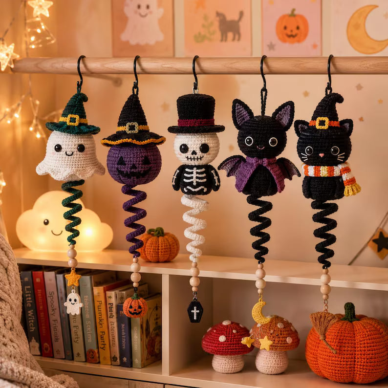 5 in 1 Halloween Spiral Ornament Crochet Pattern PDF | Ghost Witch Pumpkin & Skeleton Amigurumi | Intermediate | Hanging Garland