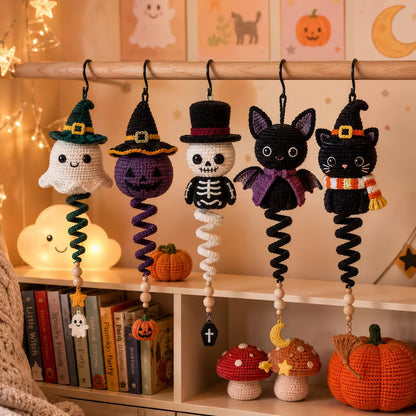 5 in 1 Halloween Spiral Ornament Crochet Pattern PDF | Ghost Witch Pumpkin & Skeleton Amigurumi | Intermediate | Hanging Garland