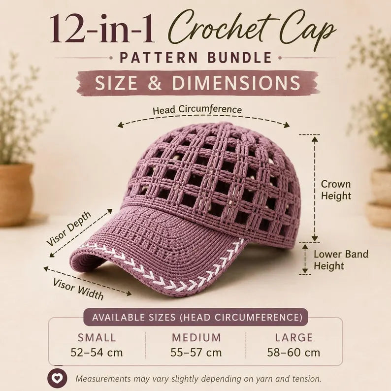Open Mesh Crochet Baseball Cap Pattern PDF, Adult Summer Hat, 3 Sizes, 12 Color Ideas, Digital Download