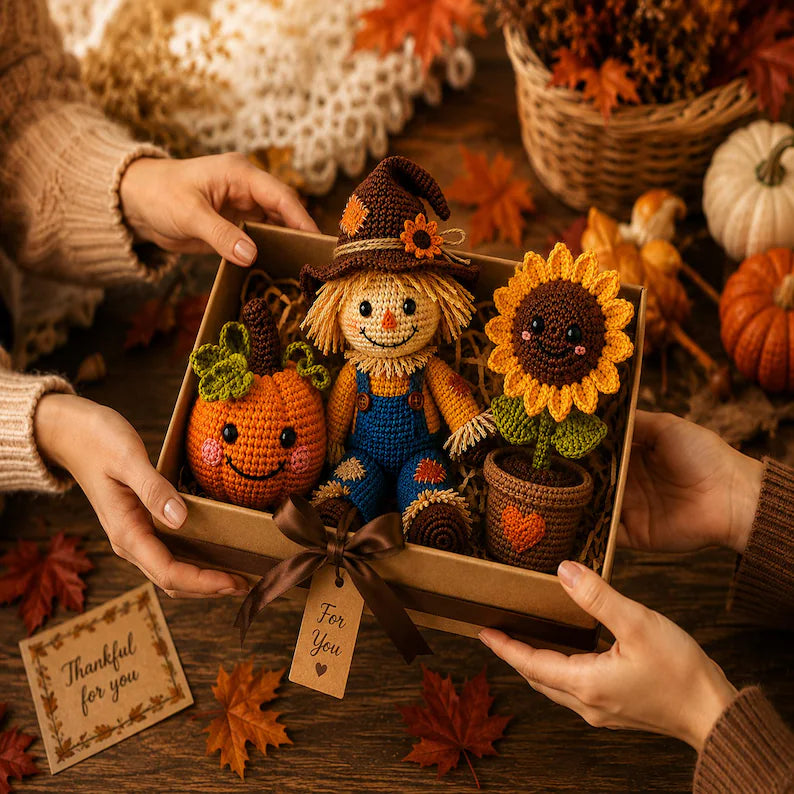 Crochet Scarecrow Doll with Pumpkin and Sunflower, Handmade Fall Decor, Autumn Home Decoration, PDF