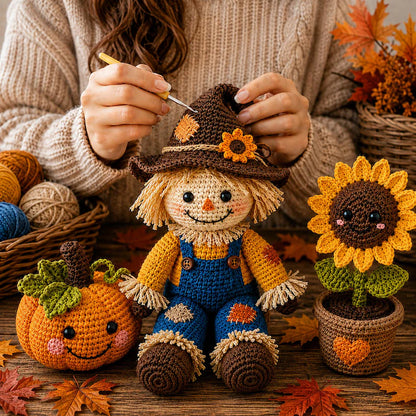 Crochet Scarecrow Doll with Pumpkin and Sunflower, Handmade Fall Decor, Autumn Home Decoration, PDF
