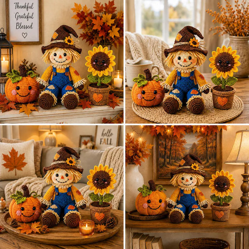 Crochet Scarecrow Doll with Pumpkin and Sunflower, Handmade Fall Decor, Autumn Home Decoration, PDF