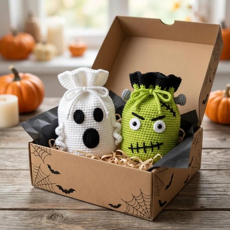 Halloween Crochet Treat Bag Pattern PDF, Pumpkin Ghost Frankenstein Scarecrow Drawstring Bag Crochet Pattern, Candy Bag Tutorial