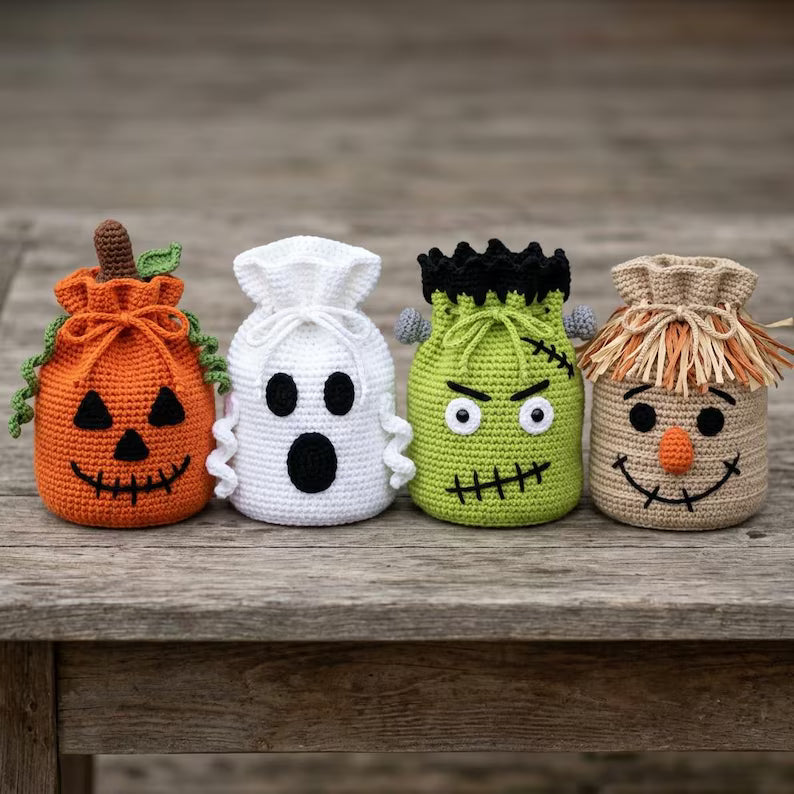 Halloween Crochet Treat Bag Pattern PDF, Pumpkin Ghost Frankenstein Scarecrow Drawstring Bag Crochet Pattern, Candy Bag Tutorial