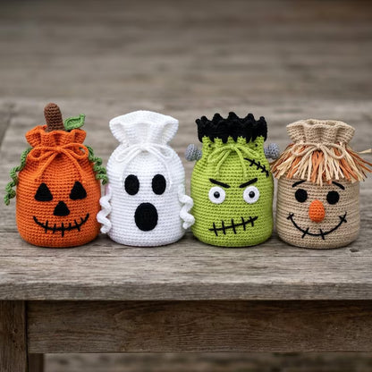 Halloween Crochet Treat Bag Pattern PDF, Pumpkin Ghost Frankenstein Scarecrow Drawstring Bag Crochet Pattern, Candy Bag Tutorial