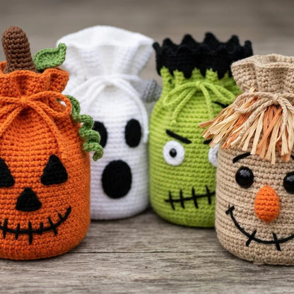 Halloween Crochet Treat Bag Pattern PDF, Pumpkin Ghost Frankenstein Scarecrow Drawstring Bag Crochet Pattern, Candy Bag Tutorial