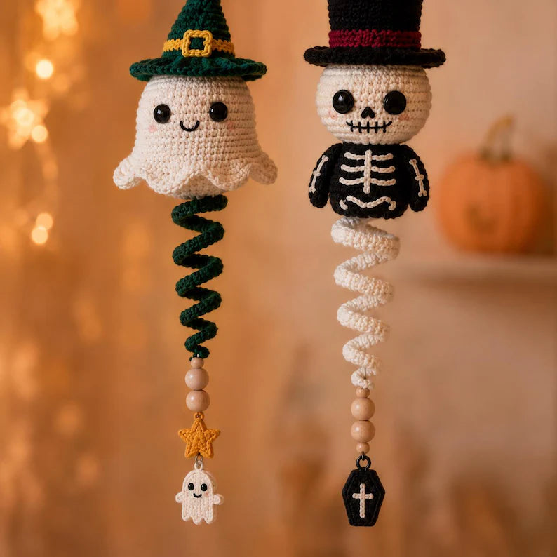 5 in 1 Halloween Spiral Ornament Crochet Pattern PDF | Ghost Witch Pumpkin & Skeleton Amigurumi | Intermediate | Hanging Garland