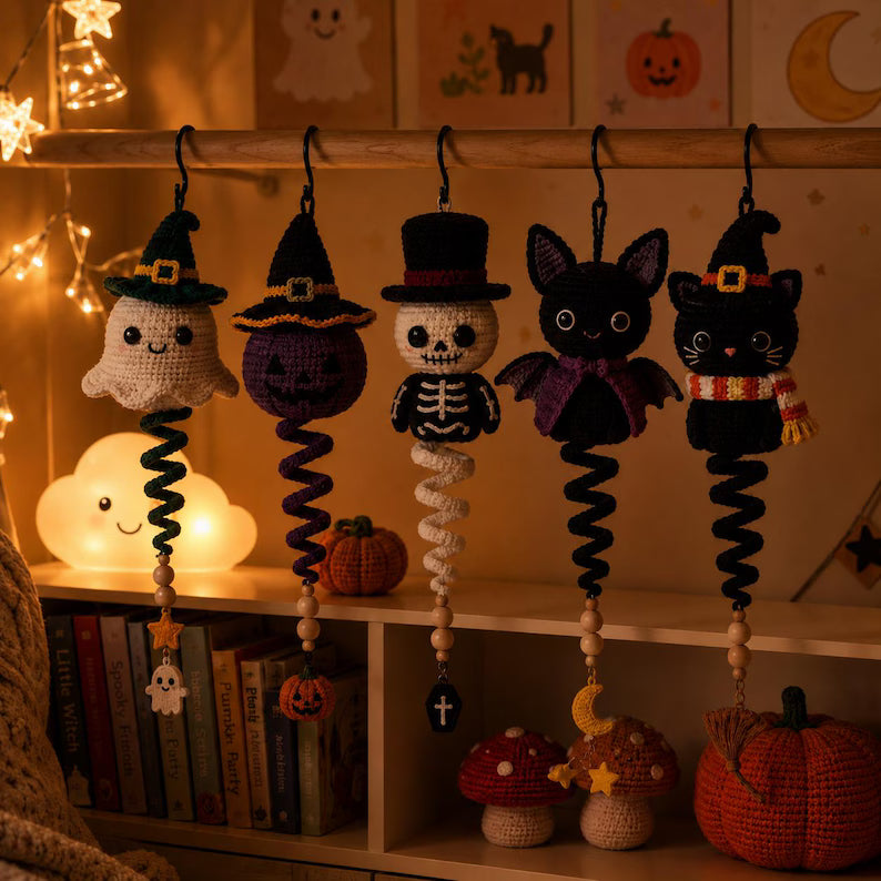 5 in 1 Halloween Spiral Ornament Crochet Pattern PDF | Ghost Witch Pumpkin & Skeleton Amigurumi | Intermediate | Hanging Garland