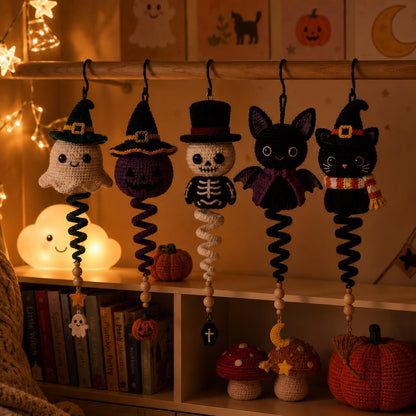 5 in 1 Halloween Spiral Ornament Crochet Pattern PDF | Ghost Witch Pumpkin & Skeleton Amigurumi | Intermediate | Hanging Garland