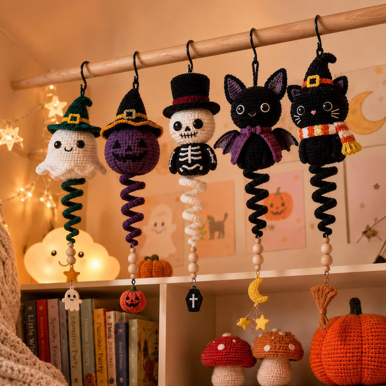 5 in 1 Halloween Spiral Ornament Crochet Pattern PDF | Ghost Witch Pumpkin & Skeleton Amigurumi | Intermediate | Hanging Garland