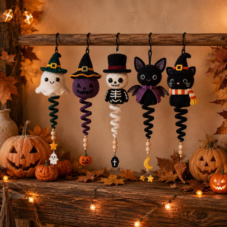 5 in 1 Halloween Spiral Ornament Crochet Pattern PDF | Ghost Witch Pumpkin & Skeleton Amigurumi | Intermediate | Hanging Garland