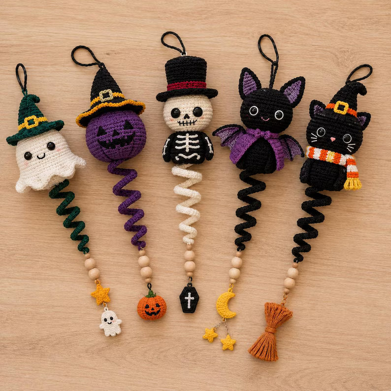 5 in 1 Halloween Spiral Ornament Crochet Pattern PDF | Ghost Witch Pumpkin & Skeleton Amigurumi | Intermediate | Hanging Garland