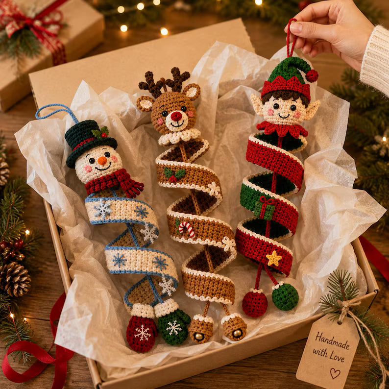 6 Christmas Spiral Ornament Crochet Patterns | Snowman, Santa, Reindeer, Gingerbread, Tree & Elf PDF