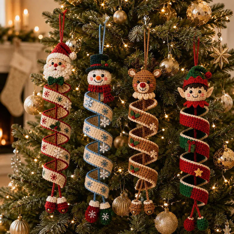 6 Christmas Spiral Ornament Crochet Patterns | Snowman, Santa, Reindeer, Gingerbread, Tree & Elf PDF