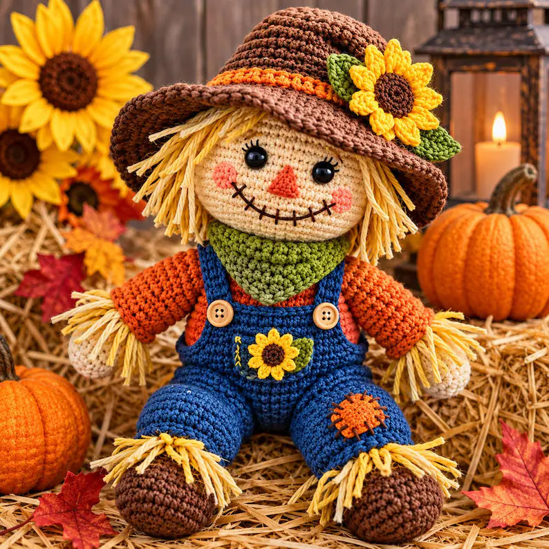 Crochet Scarecrow Doll with Pumpkin and Sunflower, Handmade Fall Decor, Autumn Home Decoration, PDF