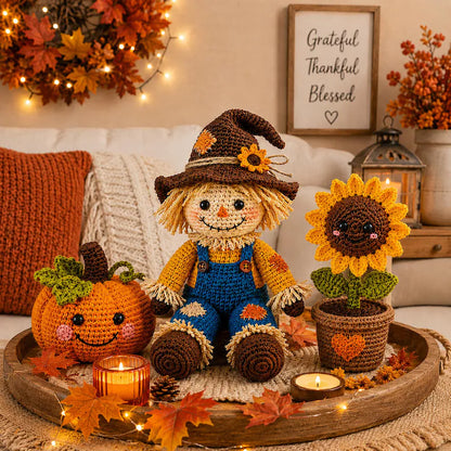 Crochet Scarecrow Doll with Pumpkin and Sunflower, Handmade Fall Decor, Autumn Home Decoration, PDF