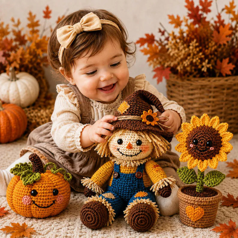 Crochet Scarecrow Doll with Pumpkin and Sunflower, Handmade Fall Decor, Autumn Home Decoration, PDF